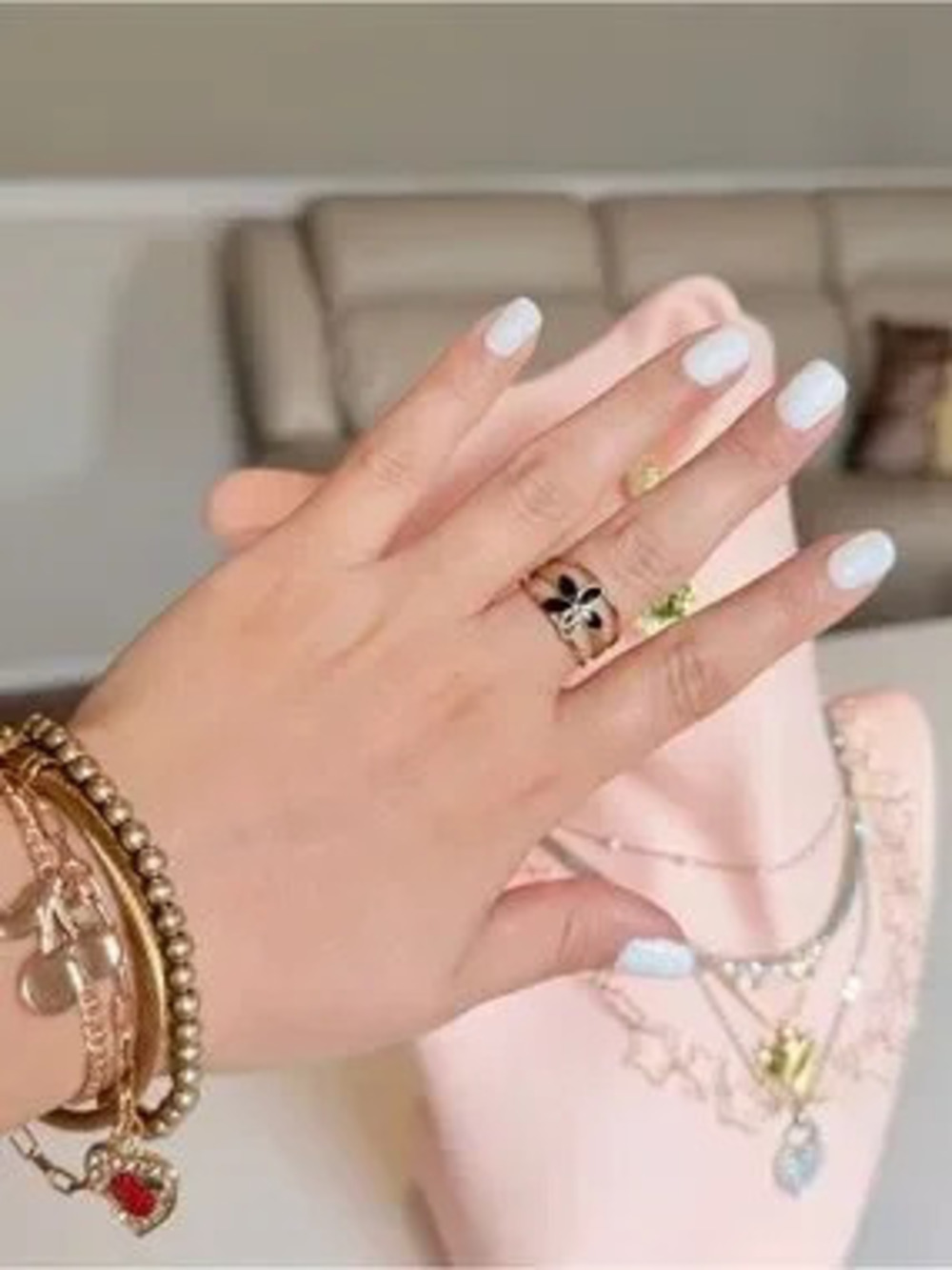 Gold-Tone Floral Inlay Ring Black Enamel